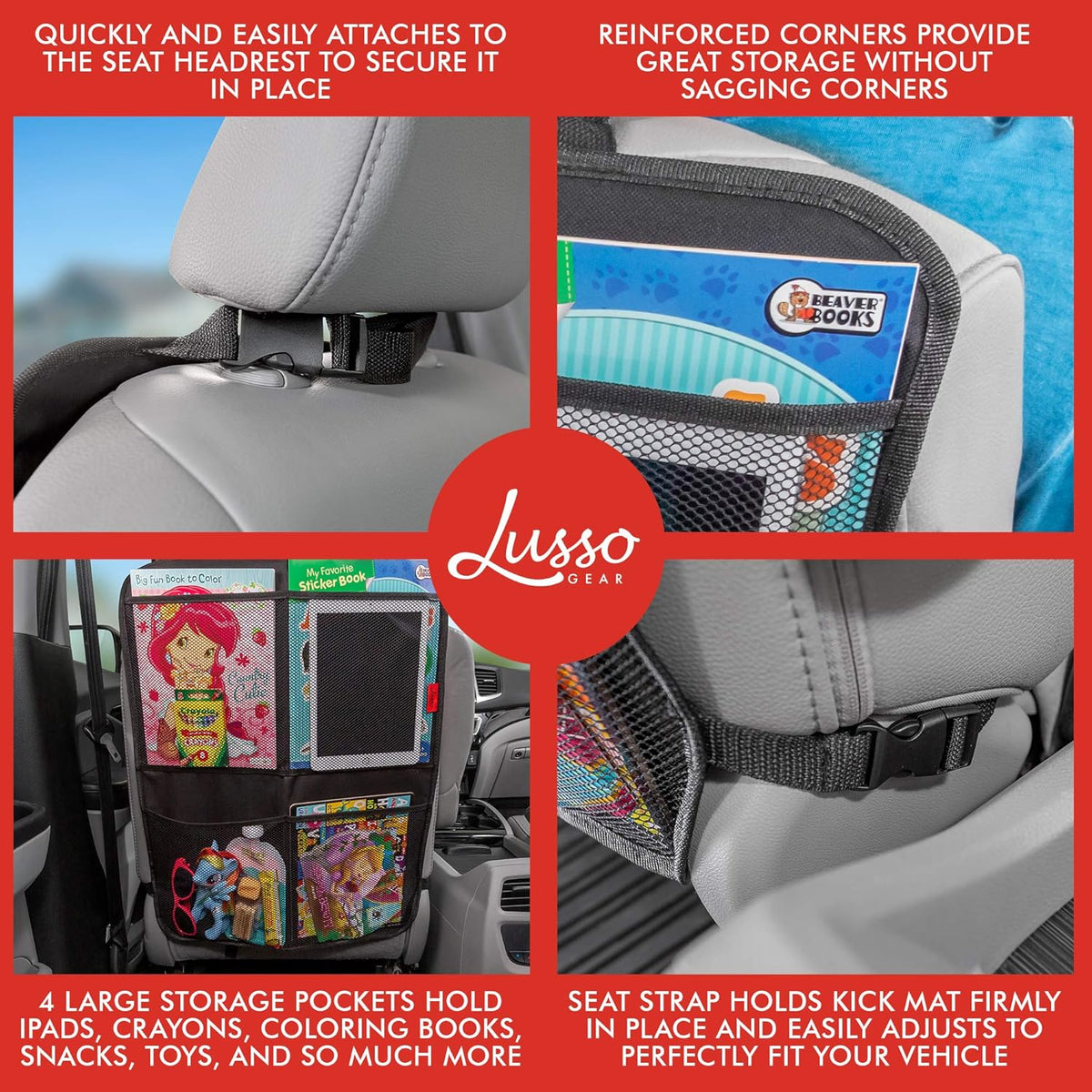 Lusso Gear Seat Back Protector - 2-Pack Kids Kick Mat & Car Seat Organizer - Waterproof Oxford Backseat Cover - 3 Mesh Pockets for Car Organization, Black
