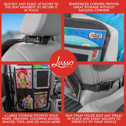 Lusso Gear Seat Back Protector - 2-Pack Kids Kick Mat & Car Seat Organizer - Waterproof Oxford Backseat Cover - 3 Mesh Pockets for Car Organization, Black