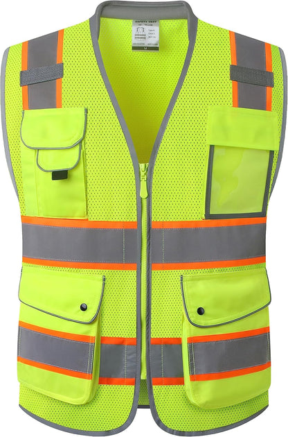 JKSafety 9 Pockets Class 2 High Visibility Zipper Front Safety Vest With Reflective Strips,Meets ANSI/ISEA Standard (Large, 150-Yellow) - Colors A