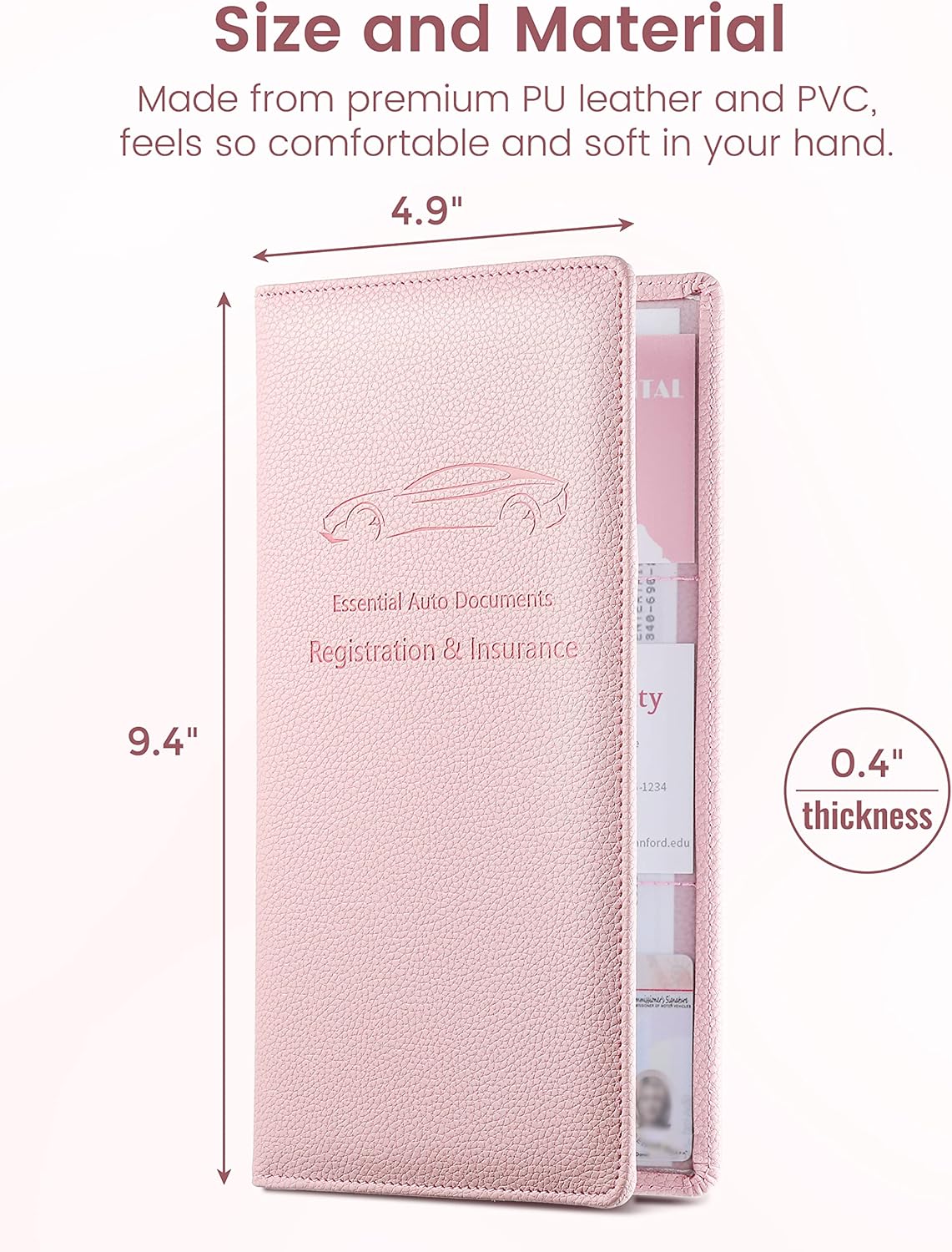 Yarnic Car Registration and Insurance Holder, Pu Leather Car Registration and Insurance Card Holder Car Document Holder for Cards, Essential Document, Driver License (Pink)