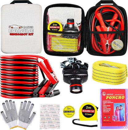 LIANXIN Car Roadside Emergency Kit, with Jumper Cables Automotive Kit,Car Safety Roadside Assistance Kit Headlamp,Tow Straps, Safety Hammers, Rainwear, Gloves.Black