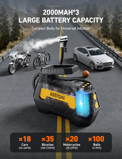 AstroAI H2 Pro Cordless Tire Inflator Portable Air Compressor Tire Pump with DC 12V & Battery Dual Power Supply Digital Pressure Gauge Fast Inflation Air Pump for Car Tires Motorcycles Bikes Yellow