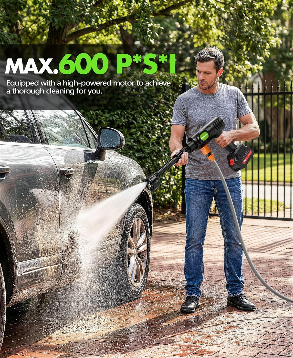 PoolLeader Cordless Car Washing Tool, Portable Vehicle Cleaner with 6-in-1 Nozzle & Foam Cannon, Battery Operated Cordless Car Wash Spray, Handheld Wash Machine for Car, Patio, Home - Lime Green