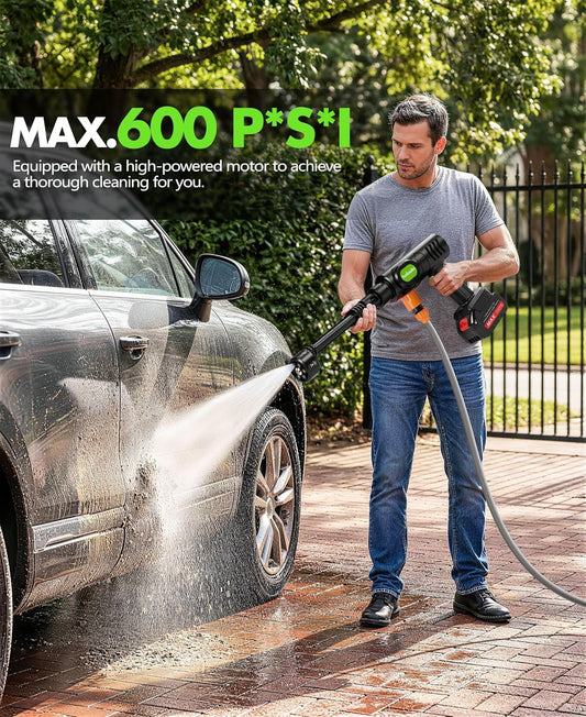 PoolLeader Cordless Car Washing Tool, Portable Vehicle Cleaner with 6-in-1 Nozzle & Foam Cannon, Battery Operated Cordless Car Wash Spray, Handheld Wash Machine for Car, Patio, Home - Lime Green