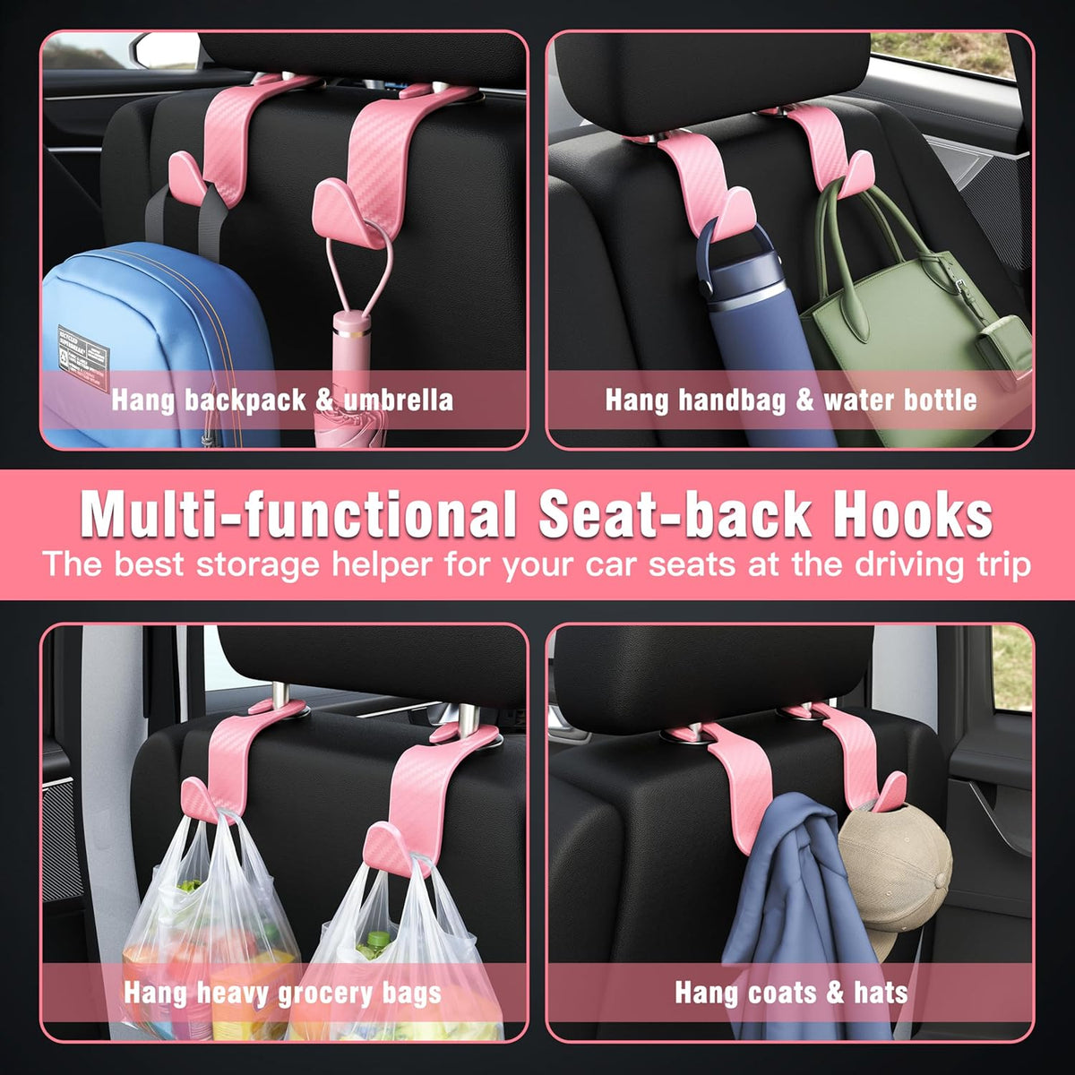 Amooca 4-Pack Car Headrest Hooks Vehicle Storage Organizer for Purses Handbags Groceries Backpack Coats –Holds 55lbs 360° Rotating Black