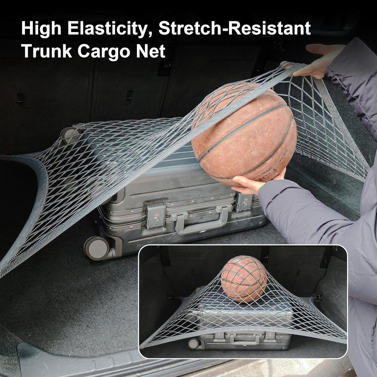 Upgraded Cargo Net for Car Trunk SUV Truck Sedan, 27.5"x19.6" High Elastic Mesh Storage Net with Thickened ABS Hooks, 3000D Polyester & 2240D Spandex, Gray