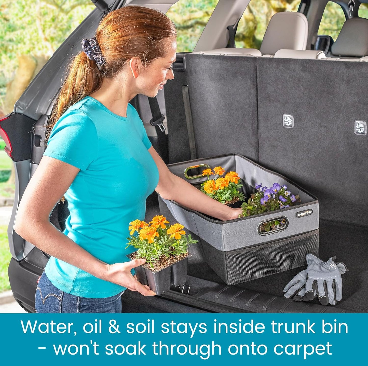 High Road CargoCube Car Storage Bin - Leakproof Car Trunk Storage Organizer with Metal Handles and Front Mesh Pocket (Square)