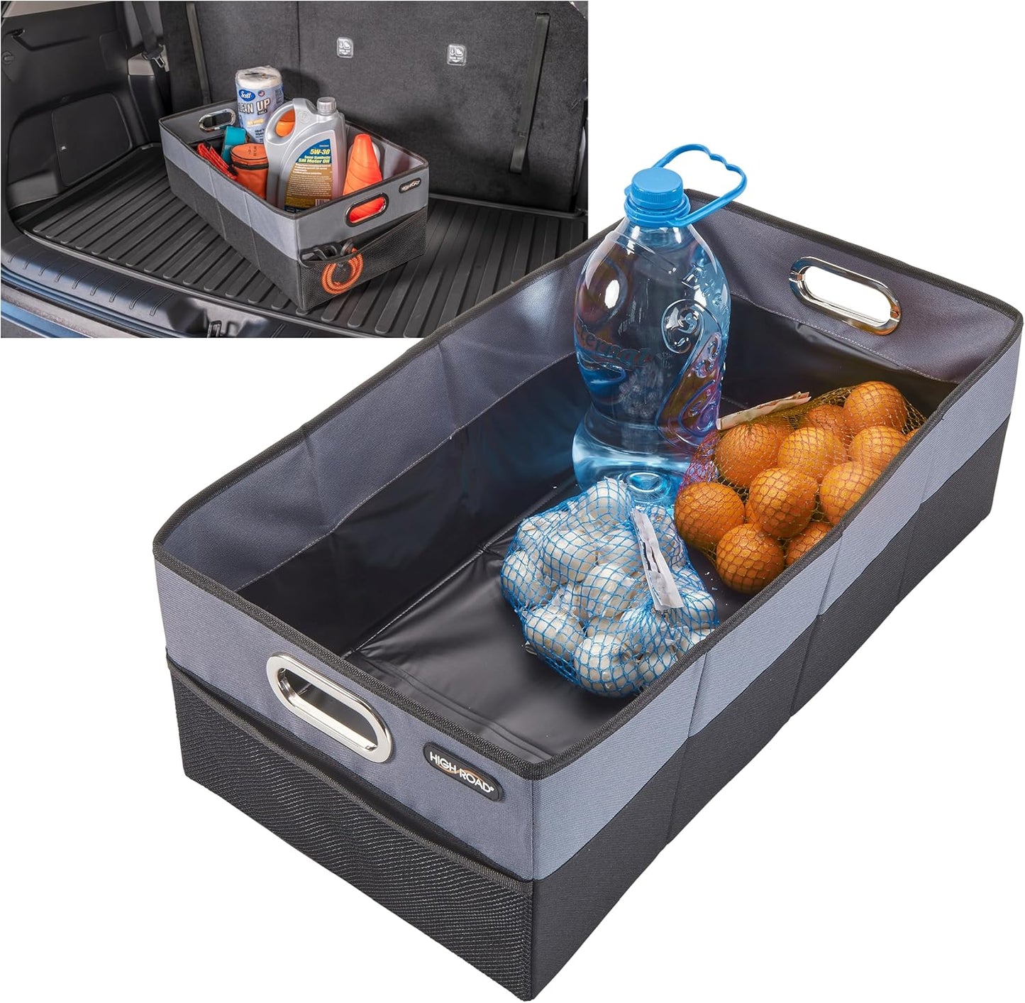 High Road CargoCube Car Storage Bin - Leakproof Car Trunk Storage Organizer with Metal Handles and Front Mesh Pocket (Square)