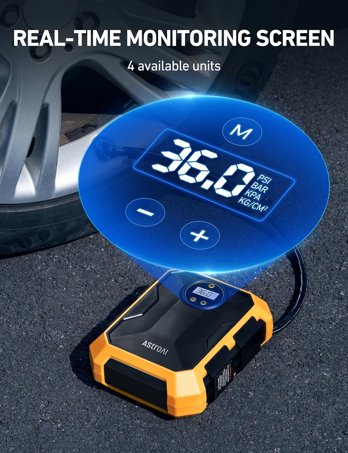 AstroAI Tire Inflator Portable Air Compressor 12V DC 100PSI, Integrated Storage, Digital Gauge, Auto Shut-Off Fast Inflation LED Light, Air Pump for Car Tires Bike Motorcycle Other Inflatables, Yellow