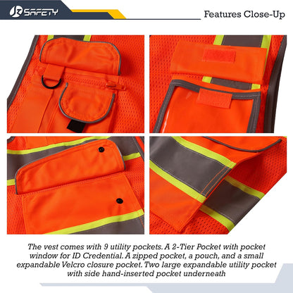 JKSafety 9 Pockets Class 2 High Visibility Zipper Front Safety Vest With Reflective Strips,Meets ANSI/ISEA Standard (Large, 150-Yellow) - Colors A