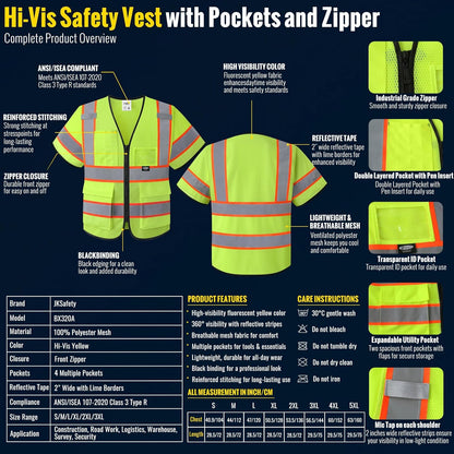 JKSafety Safety Vest for men women Hi Vis Reflective Vest with Pockets and Zipper High Visibility Meet ANSI Standard（BX320