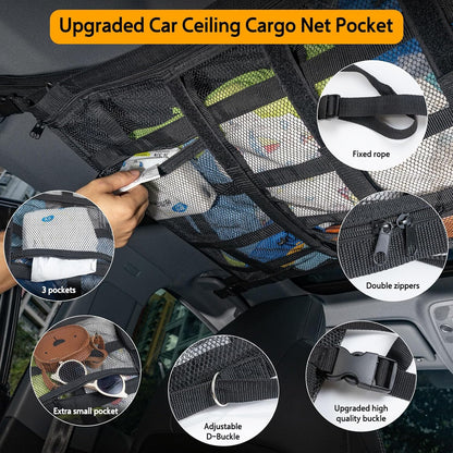 Car Ceiling Cargo Net with 3 Pockets,31.5"x21.6" Car Overhead Storage Mesh Organizer,Double Layer Roof Mesh Camping Overlanding Gear Must Haves Cargo Net,Road Trip Essentials (31.5"x 21.6")