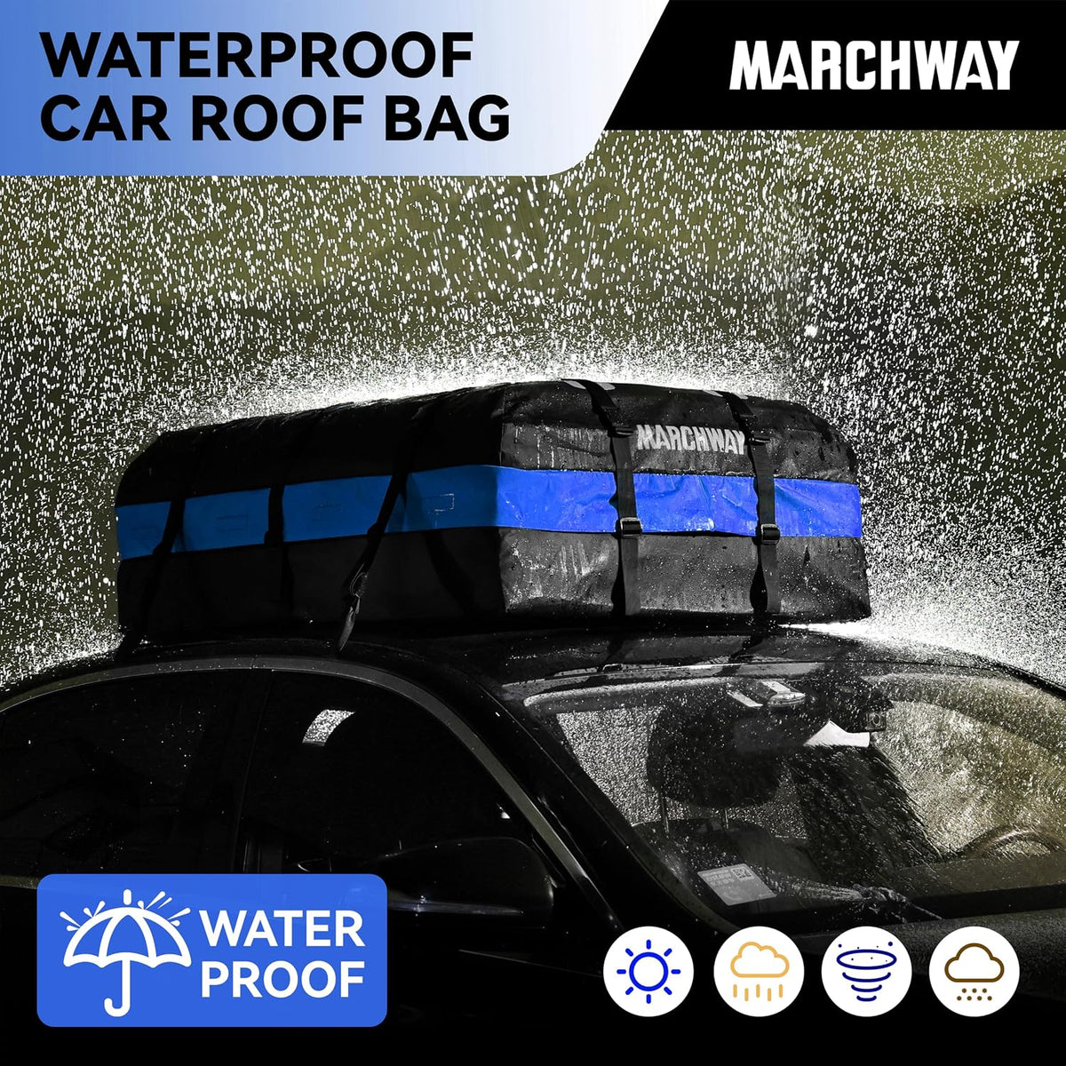 MARCHWAY Waterproof Car Roof Luggage Bag, Weatherproof Soft Shell Rooftop Cargo Carrier Bag for Vehicles with or Without Rack. 6 Door Hooks, Anti Slip Mat, Lock Included (21 Cubic Feet, Black)
