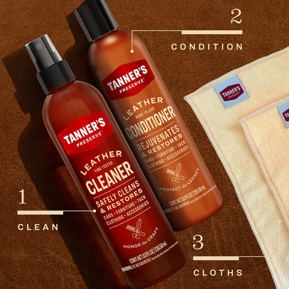 Tanner's Preserve Leather Cleaner & Conditioner Duo Pack, Cleans, Rejuvinates & Restores Finished Leather, Use for Cars, Furniture & More, 2X 8 Fl Oz