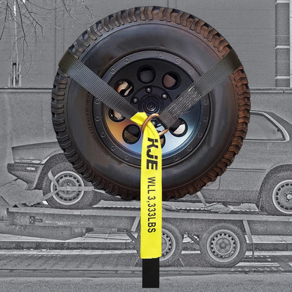 KJE 4 Pack Car Tie Down Straps for Trailers - Tire Ratchet Strap with Flat Hooks - 2" x 10' 10,000LBS Break Strength - Lasso Style Wheel Straps for Hauling UTV, SUV, Any Cars