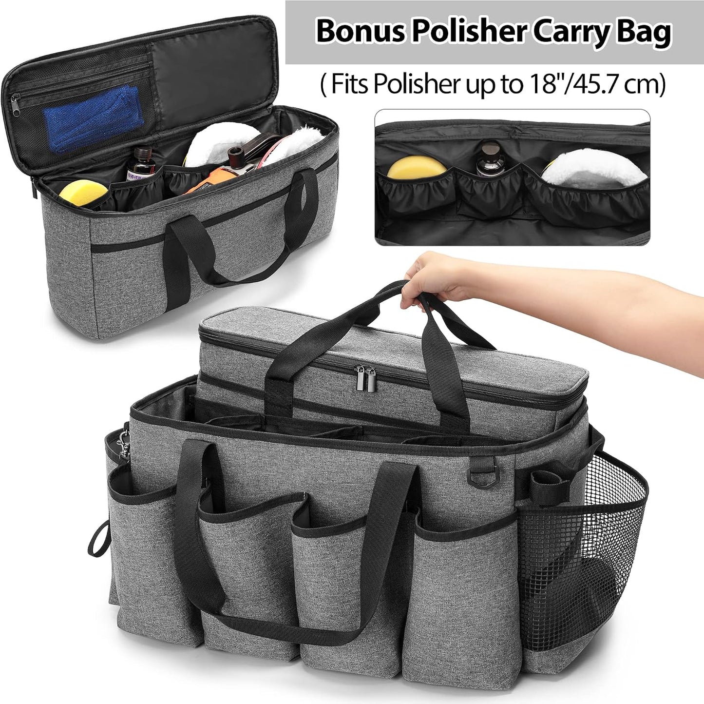 HODRANT Detailing Bag with Polisher Carry Bag, Large Detail Car Care Box for Auto Detailing Supplies, Car Wash Caddy & Trunk Organizer for Buffer Bottle Towel & Cleaning Kit, Black, Patent Design