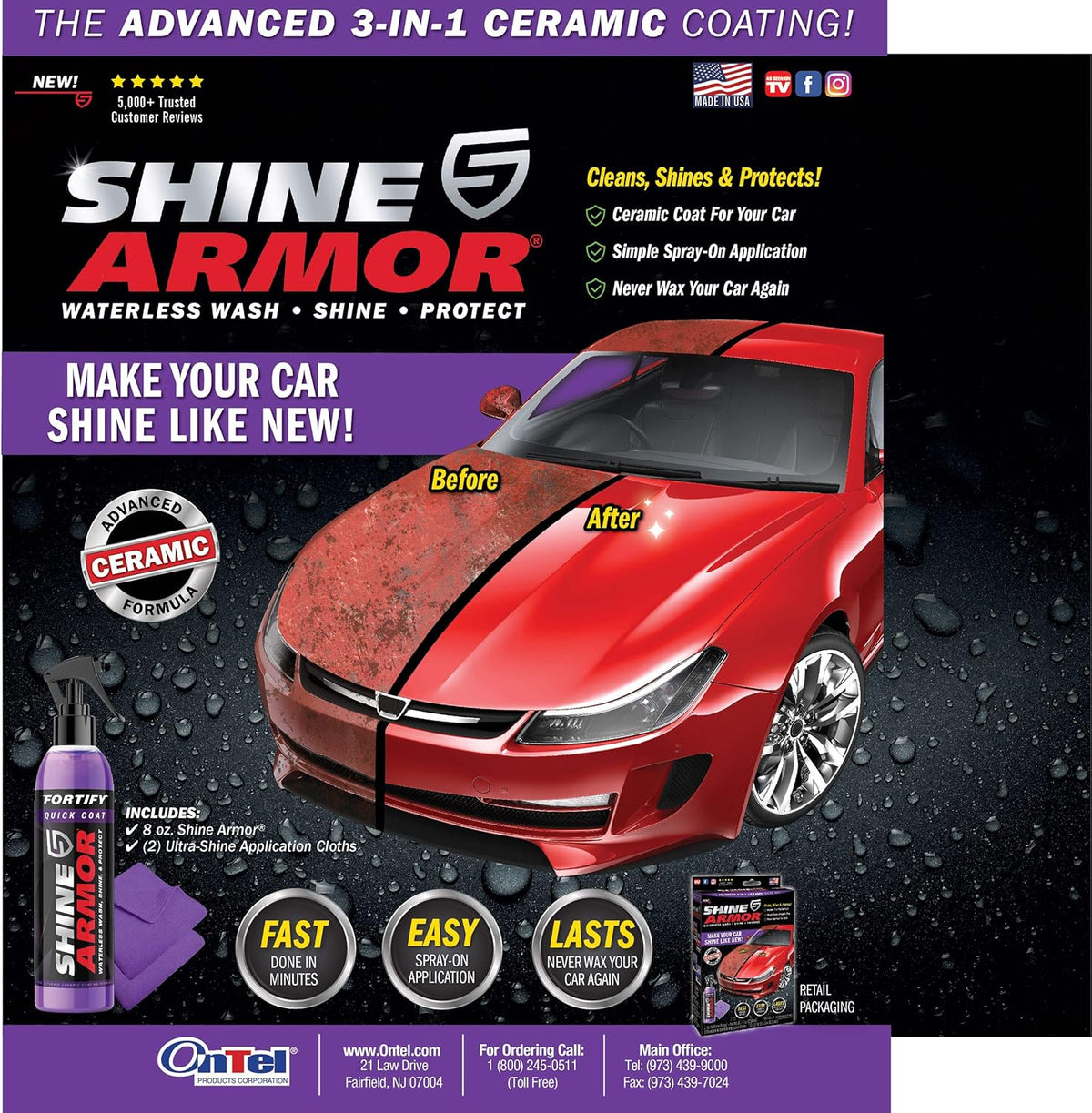 SHINE ARMOR Fortify Quick Coat High Performance Ceramic Coating, Car Wax Spray, Hydrophobic Top Coat Polish and Polymer Paint Sealant Protection for Vehicle Leather Seat, Tires, Bumpers, Rims Made in