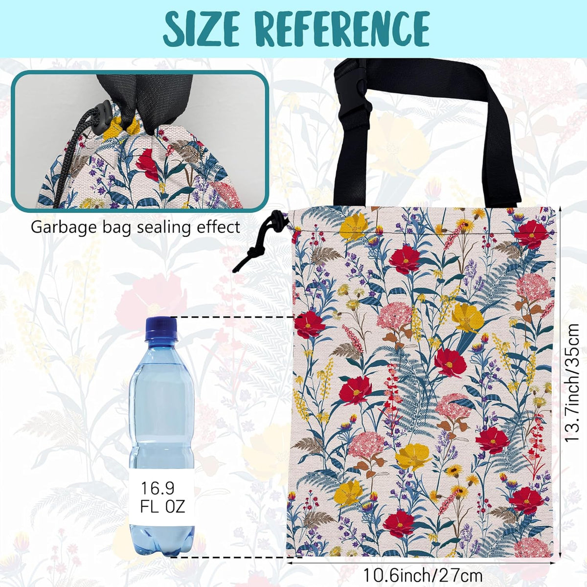 Car Garbage Bag Colorful Floral Spring Daisy Drawstring Car Trash Bag Hanging for Back Seat with Adjustable Buckle Canvas Vehicle Trash Can Easy-to-Install