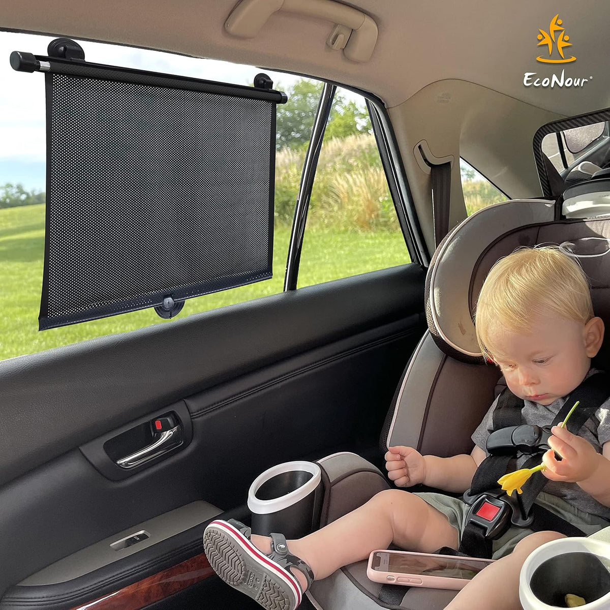 EcoNour Car Side Window Sun Shade (2 Pack) | Retractable Roller Sunshade for Kids | Baby Car Window Shades for UV and Sun Glare Protection | Baby Travel Accessories (15"x17")
