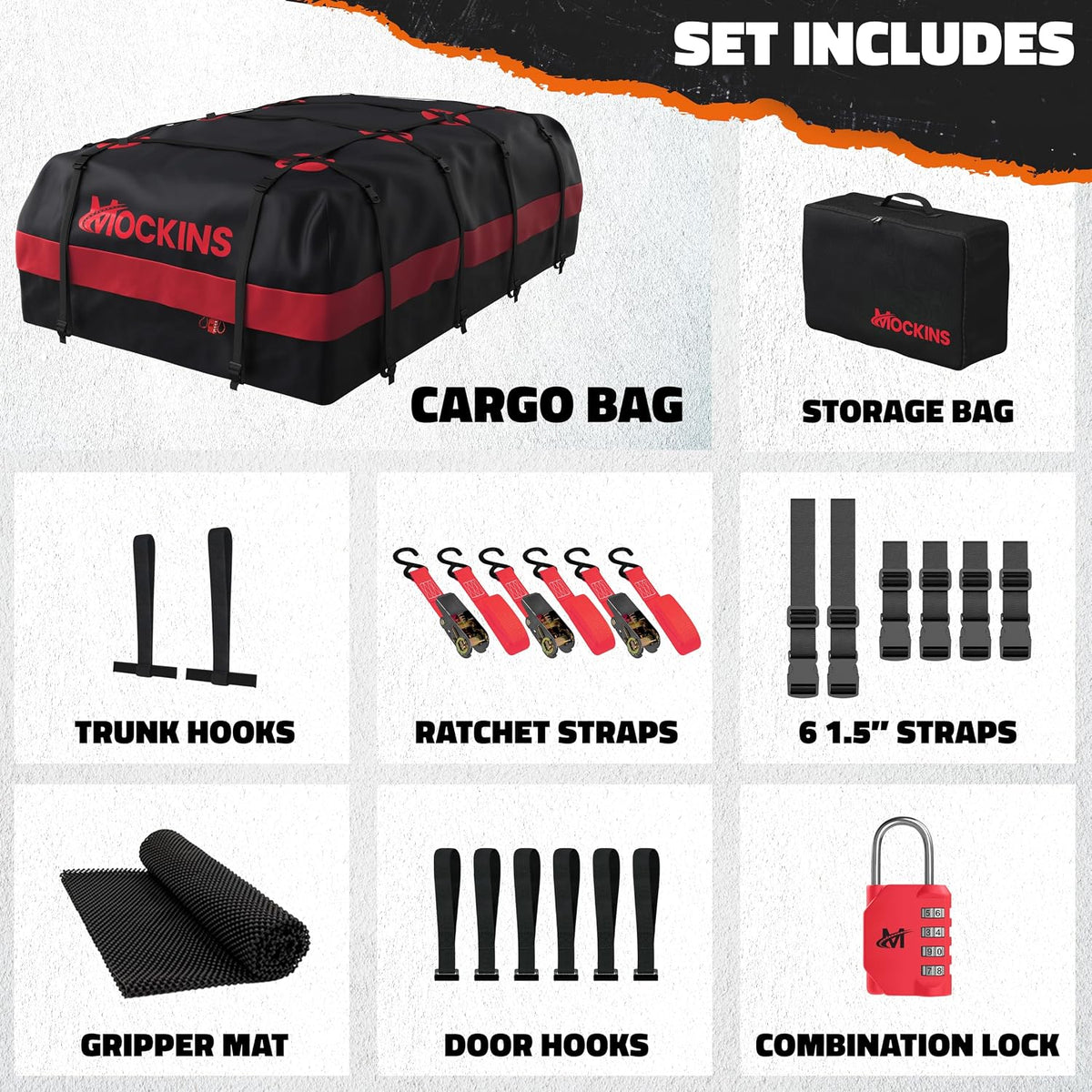 Mockins 25 CuFt Waterproof Rooftop Cargo Carrier Bag | 60"x43"x17" All-Weather 500D Soft-Shell Vinyl Car Top Carrier Without Roof Rack | Vehicle Soft-Shell Carriers with Roof Mat, Lock, Hooks & Straps