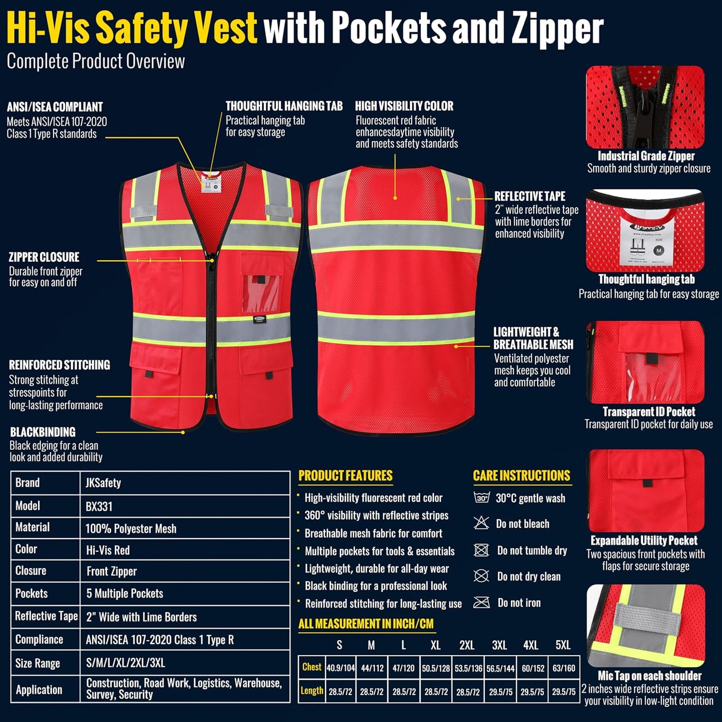 JKSafety Safety Vest for Men Women Hi Vis Relfective Vest with Pockets High Visibility Meet ANSI Standard