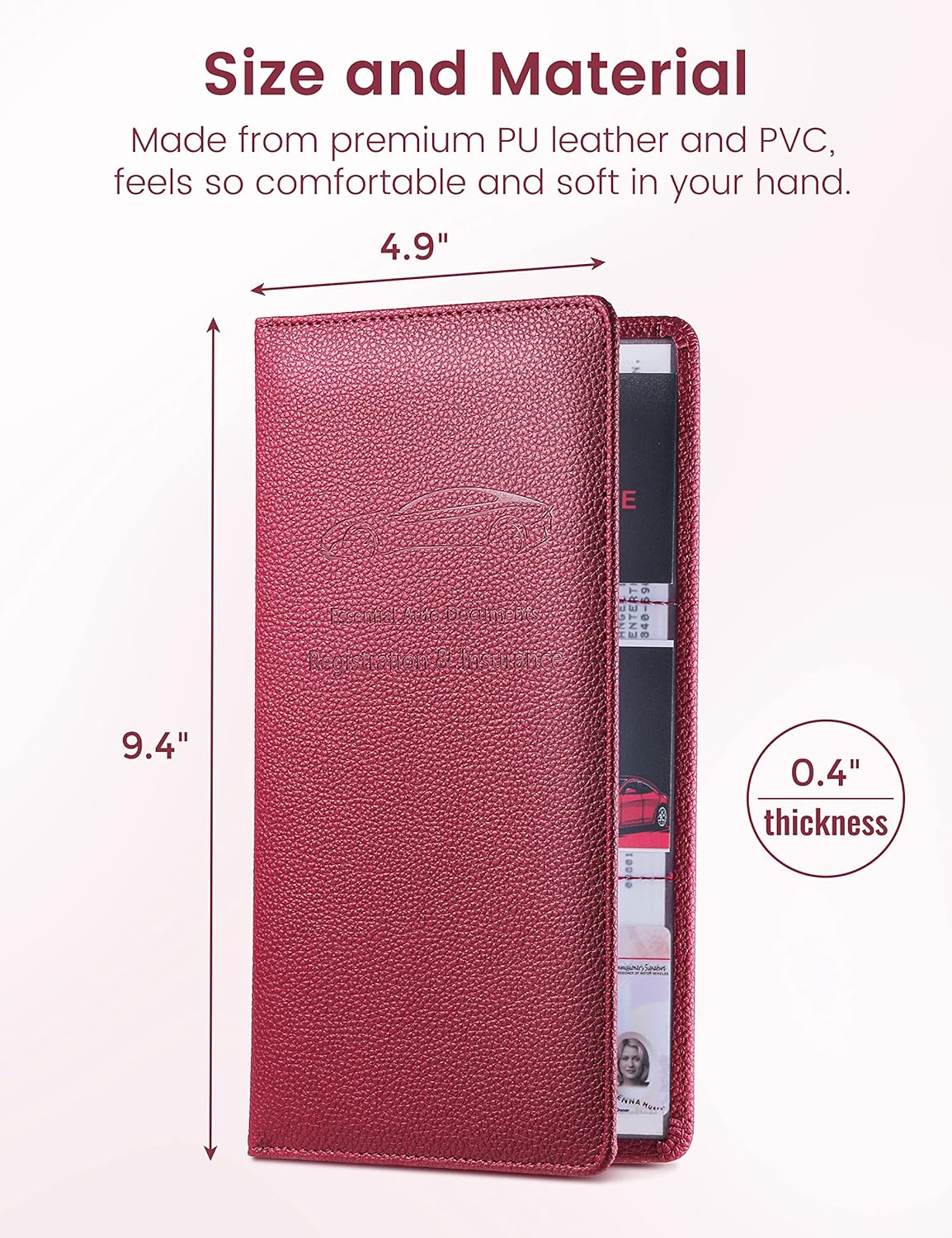 Yarnic Car Registration and Insurance Holder, Pu Leather Car Registration and Insurance Card Holder Car Document Holder for Cards, Essential Document, Driver License (Pink)