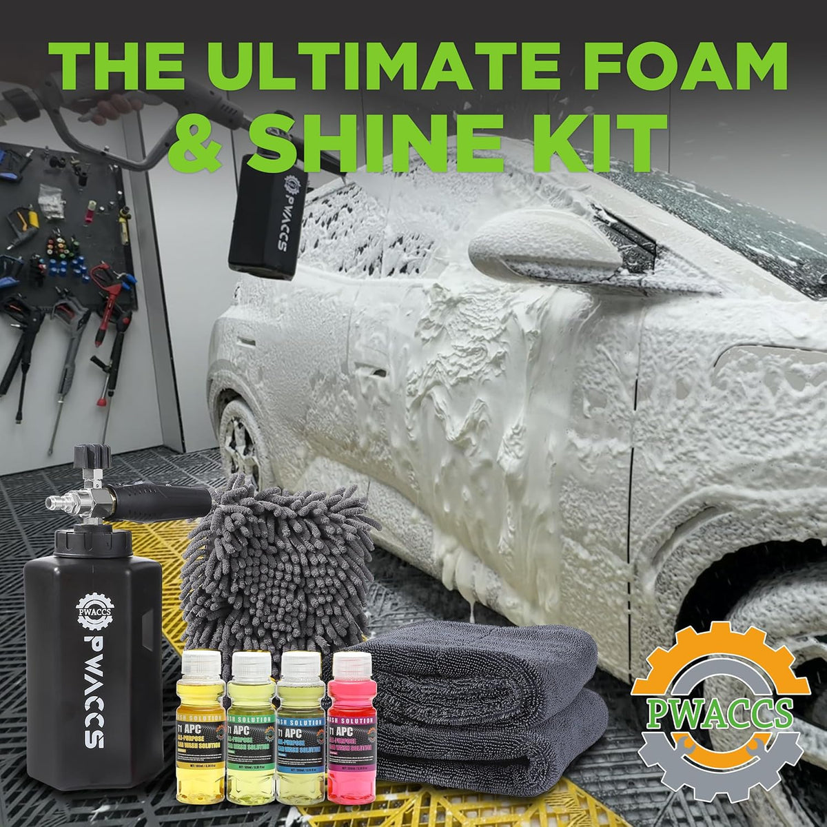 PWACCS Pressure Washer Foam Gun with Dual Connector Accessory, Short Power Washer Gun Foam Cannon and Double Tip Attachment Car Wash Kit, 1/4" Quick Connector, M22 Male Inlet, 4000 PSI, 1.5 Liter