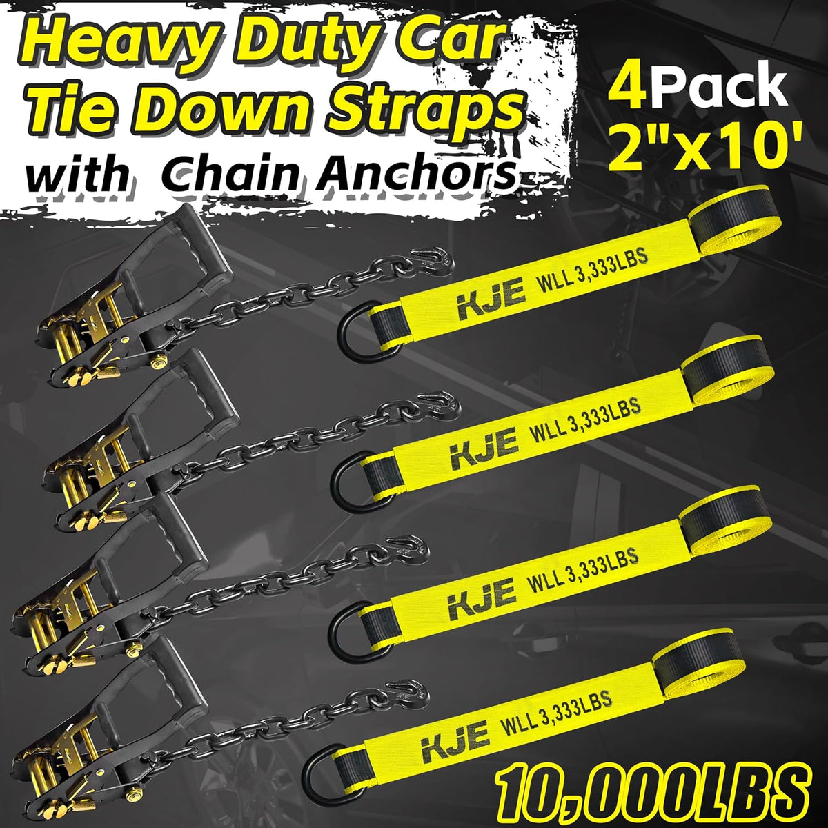 KJE 4 Pack Reflective Car Tie Down Straps for Trailers - Tire Ratchet Strap with Chain Anchors - 2" x 10' 10,000LBS Break Strength - Lasso Style Wheel Straps for Hauling UTV, SUV, Truck, Any Cars