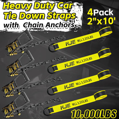 KJE 4 Pack Reflective Car Tie Down Straps for Trailers - Tire Ratchet Strap with Chain Anchors - 2" x 10' 10,000LBS Break Strength - Lasso Style Wheel Straps for Hauling UTV, SUV, Truck, Any Cars