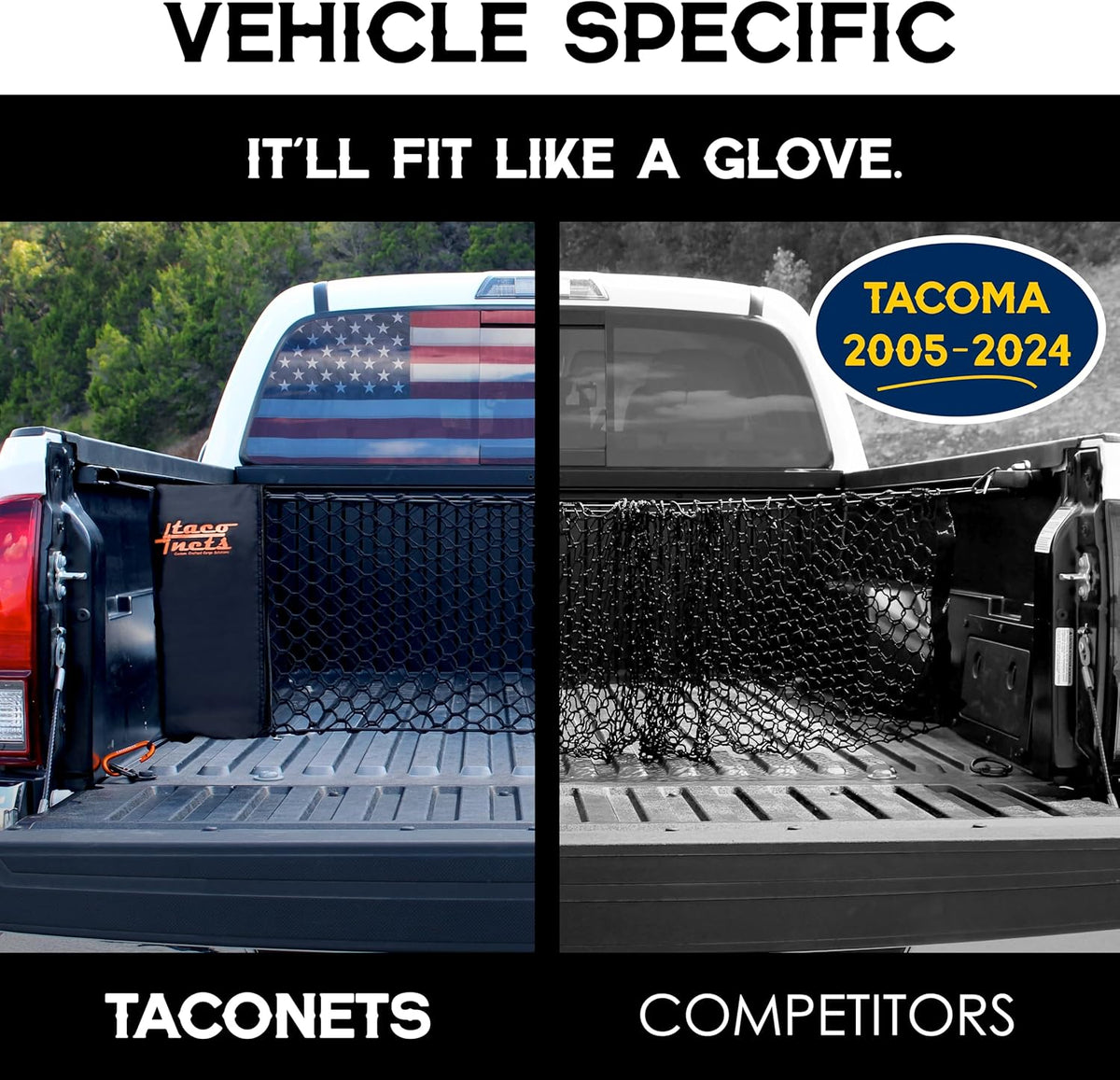 TacoNets Envelope Cargo Net for GMC Sierra & Chevy Silverado - Fits 2013-Current - Upgraded 5mm Bungee - Integrated Storage Bag - Heavy Duty Carabiners - Designed in USA