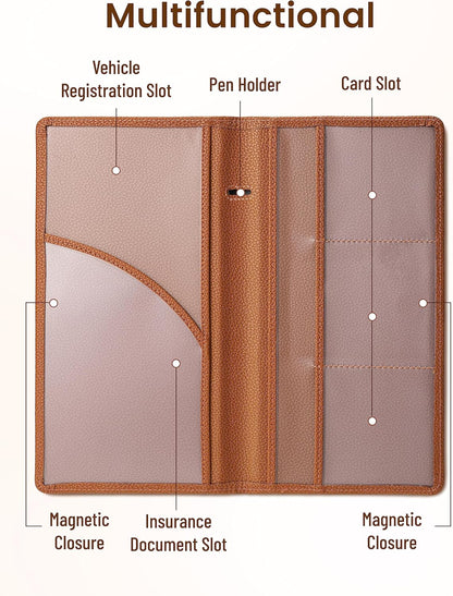Yarnic Car Registration and Insurance Holder, Pu Leather Car Registration and Insurance Card Holder Car Document Holder for Cards, Essential Document, Driver License (Pink)
