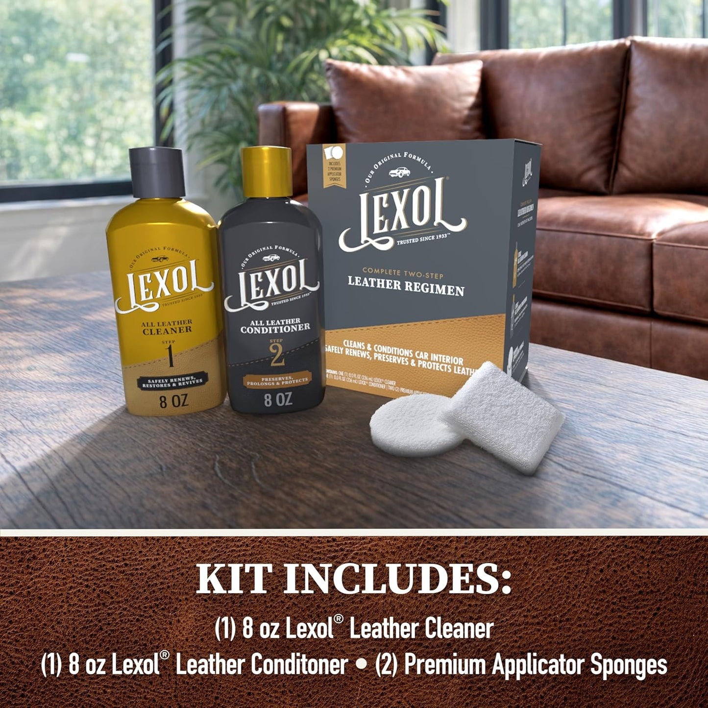 Lexol Leather Conditioner & Cleaner Kit - Premium 2-Step Leather Care for Car Interiors, Furniture, Shoes & Handbags, Includes 2 Sponges, Gift for leather lovers (16 oz Each)