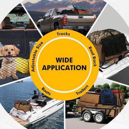 Cargo Net for Pickup Truck Bed 4'×4' Stretches to 7'×7', Highly Elastic Truck Bed Net with Fine Mesh & 8 Strong Metal Carabiners, Easy to Install Cargo Netting for Vehicles, Trailers, Boats