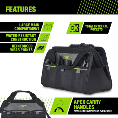 AWP Tool Bags, Premium Tool Bag, Black, Durable Tool Tote, for Professionals and Contractors