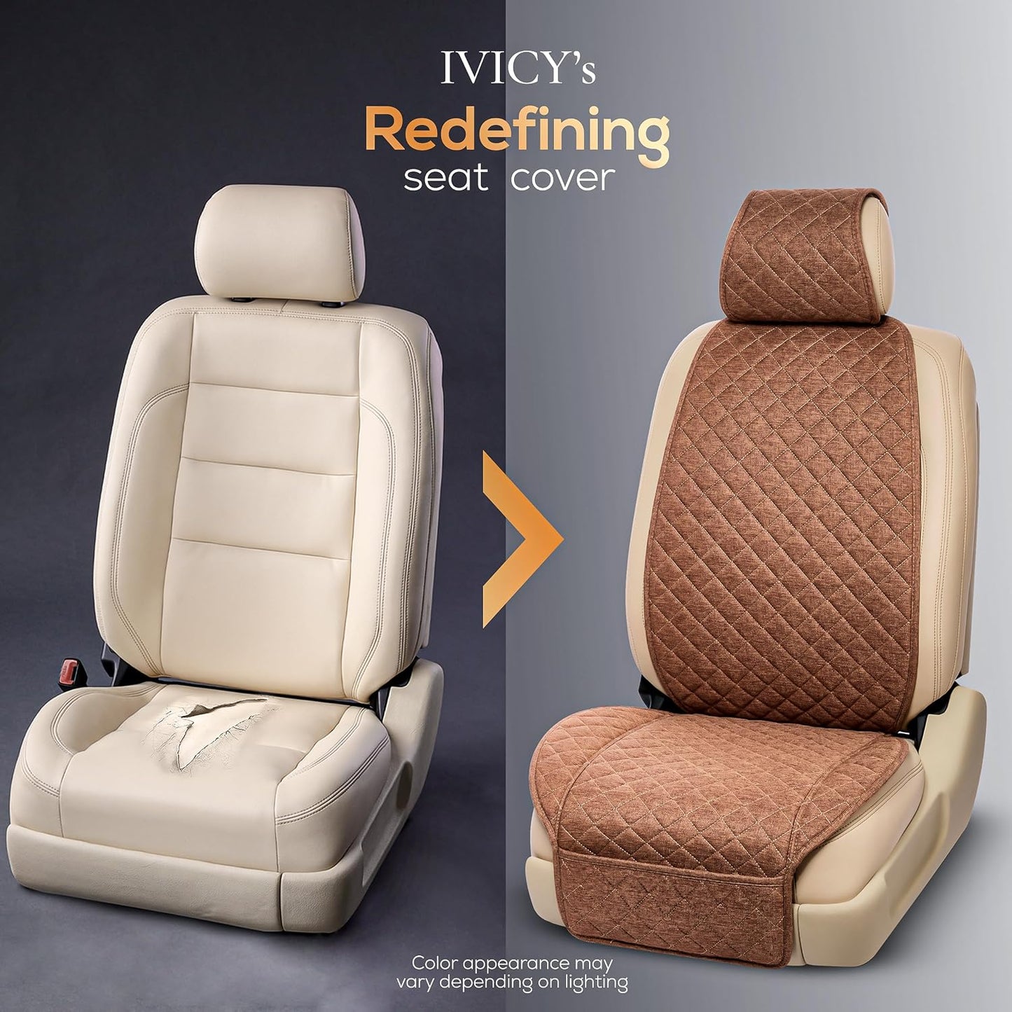 IVICY Faux Linen Front Car Seat Cover – Non-Slip Bucket Seat Protector for Most Cars, SUVs, Vans & Trucks – 1 Seat Cover, Machine Washable, Side-Airbag Friendly, Light Beige