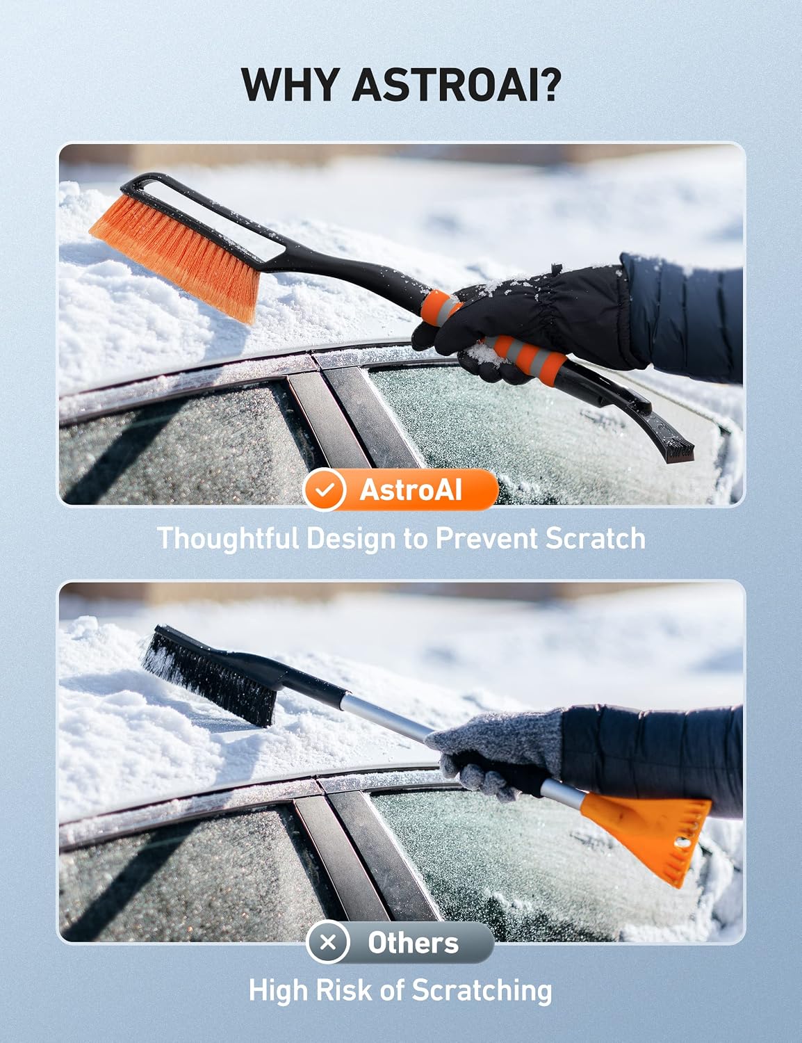 AstroAI 2 Pack 27" Snow Brush and Ice Scrapers for Car Windshield, Detachable Snow Scrapers with Ergonomic Foam Grip for Cars, Trucks, SUVs (Heavy Duty ABS, PVC Brush, Orange)