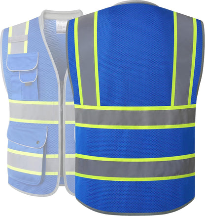 JKSafety 9 Pockets Class 2 High Visibility Zipper Front Safety Vest With Reflective Strips,Meets ANSI/ISEA Standard (Large, 150-Yellow) - Colors B