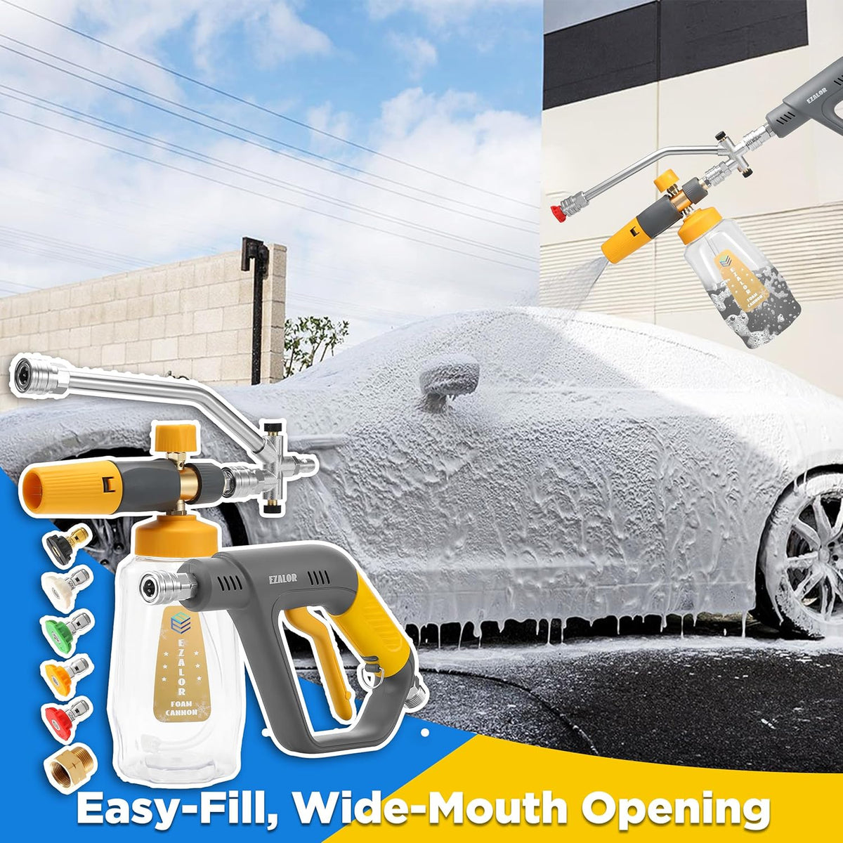 Pressure Washer Foam Cannon Gun Kit with Dual Connector Accessory, Foam Blaster for Car Washing, Double Tip Attachment & 5 Nozzle Tips, 1/4" Quick Connect, 4000 PSI