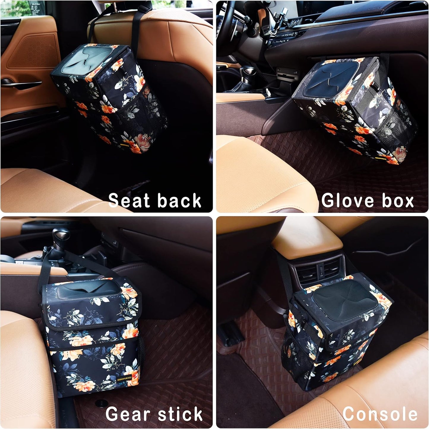 SIBOFUEGO Cute Car Trash Can with Lid – Multipurpose Collapsible Trash Bin for Car, Leak-Proof Organizer, Waterproof Garbage Can with Storage Pockets & Adjustable Straps, 2 Gallons (Black Leopard)