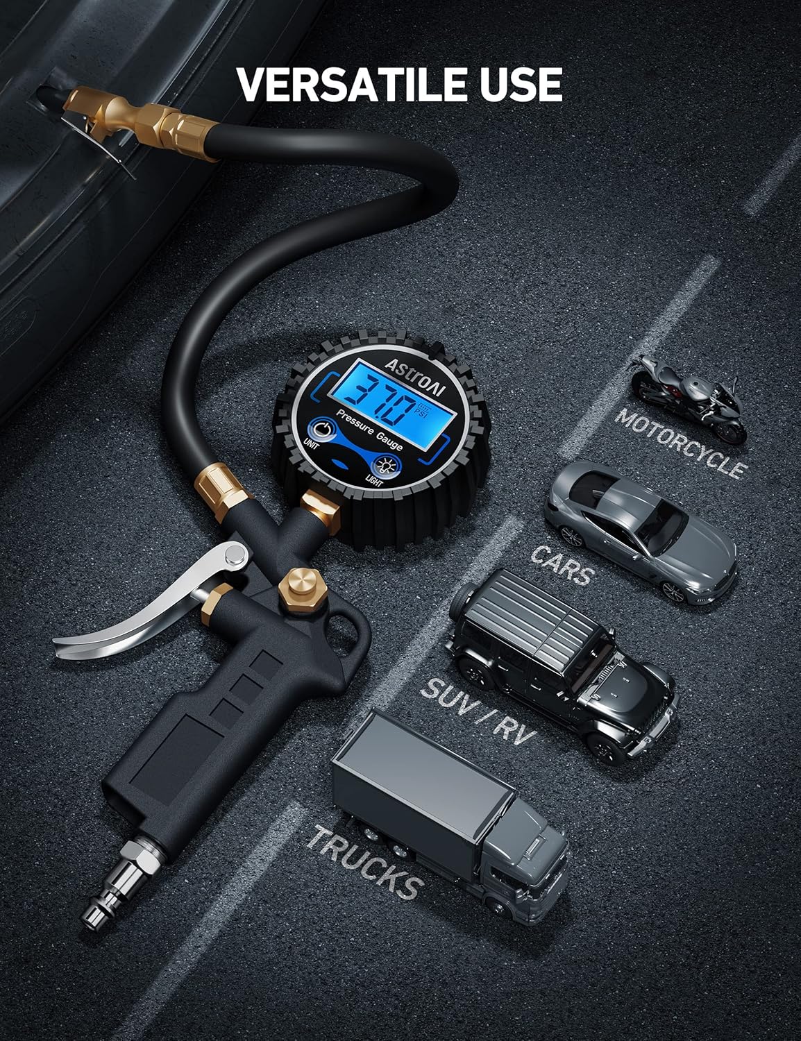 AstroAI Digital Tire Pressure Gauge with Inflator, 3-250 PSI Air Chuck & Compressor Accessories Heavy Duty with Quick Connect Coupler, 0.1 Display Resolution, 1Pack Standard