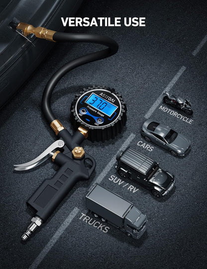 AstroAI Digital Tire Pressure Gauge with Inflator, 3-250 PSI Air Chuck & Compressor Accessories Heavy Duty with Quick Connect Coupler, 0.1 Display Resolution, 1Pack Standard