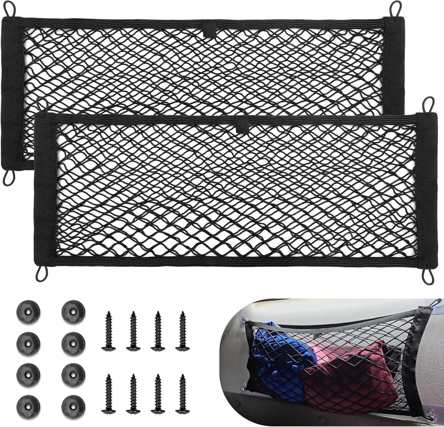 RED WOLF 2 Pcs Universal Cargo Net Pocket Elastic Mesh Netting Car Mesh Pouch for Trunk RV Boats Home Cargo Storage Mesh with Screws and Hooks (25.6'' x 9.8'')
