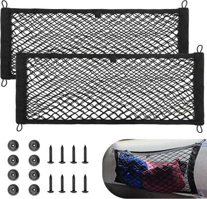 RED WOLF 2 Pcs Universal Cargo Net Pocket Elastic Mesh Netting Car Mesh Pouch for Trunk RV Boats Home Cargo Storage Mesh with Screws and Hooks (25.6'' x 9.8'')