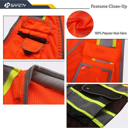 JKSafety 9 Pockets Class 2 High Visibility Zipper Front Safety Vest With Reflective Strips,Meets ANSI/ISEA Standard (Large, 150-Yellow) - Colors B