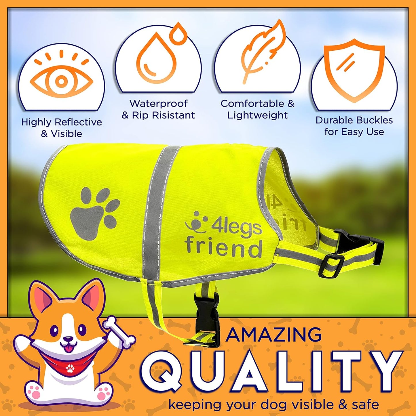Safety Reflective Orange Vest - Side Release Buckles, High Visibility to Keep Your Dog Safe from Cars & Hunting Accidents