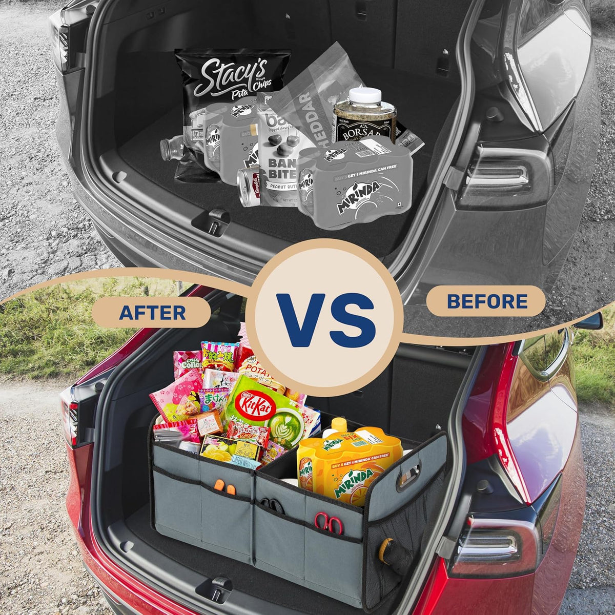 YSSOA Car Trunk Organizer, 2 Compartments Anti-slip 14" D x 22" W x 12" H Collapsible Trunk Storage, 600D Oxford Polyester Car Storage, Suitable for SUV, Minivan, Truck, Black