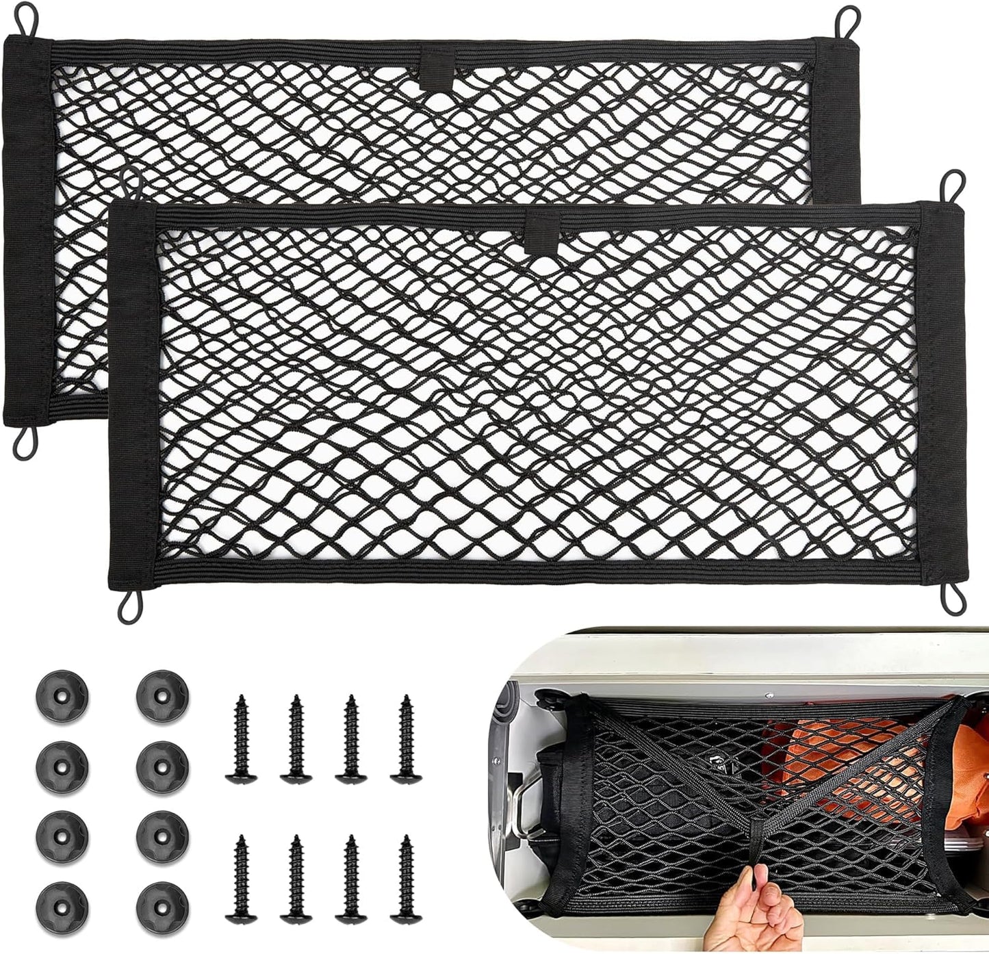 RED WOLF 2 Pcs Universal Cargo Net Pocket Elastic Mesh Netting Car Mesh Pouch for Trunk RV Boats Home Cargo Storage Mesh with Screws and Hooks (25.6'' x 9.8'')
