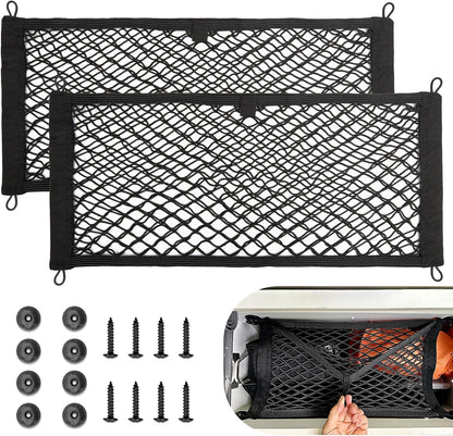 RED WOLF 2 Pcs Universal Cargo Net Pocket Elastic Mesh Netting Car Mesh Pouch for Trunk RV Boats Home Cargo Storage Mesh with Screws and Hooks (25.6'' x 9.8'')