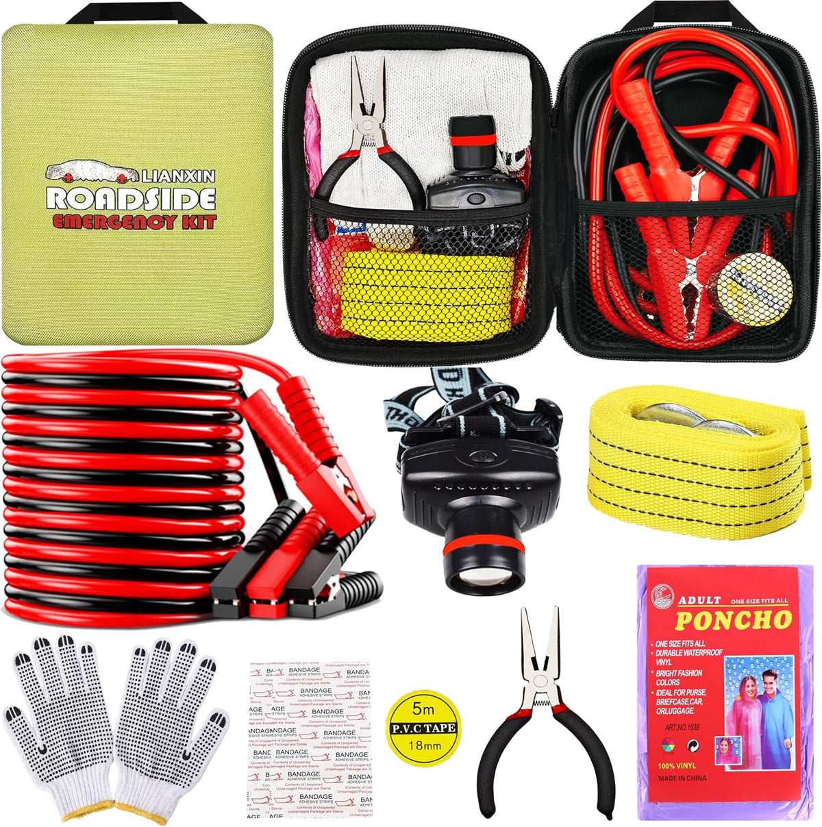 LIANXIN Car Roadside Emergency Kit, with Jumper Cables Automotive Kit,Car Safety Roadside Assistance Kit Headlamp,Tow Straps, Safety Hammers, Rainwear, Gloves.Black