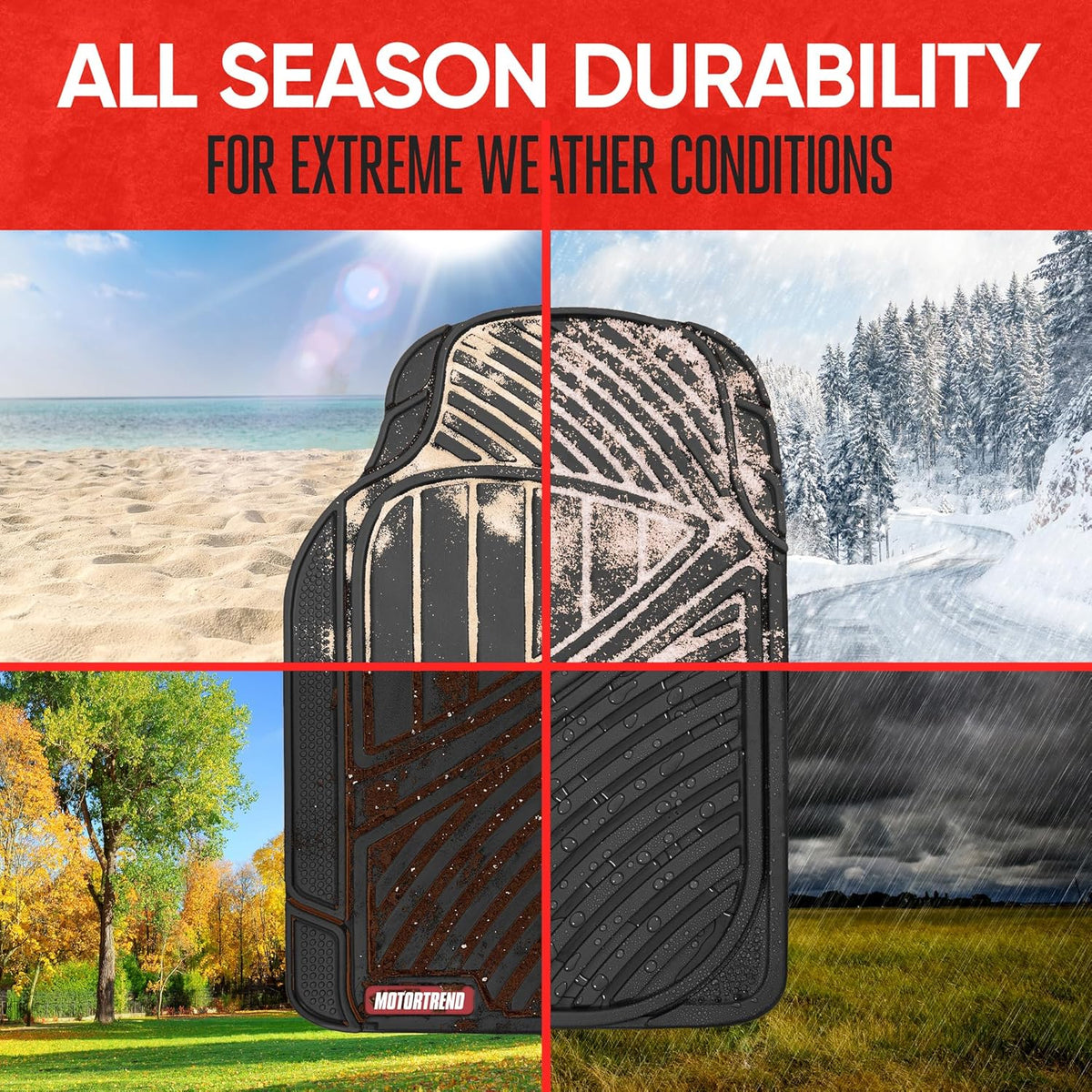 Motor Trend FlexTough Performance All Weather Rubber Car Floor Mats - 3 Piece Floor Mats Automotive Liners for Cars Truck SUV, Heavy-Duty Waterproof (Black)